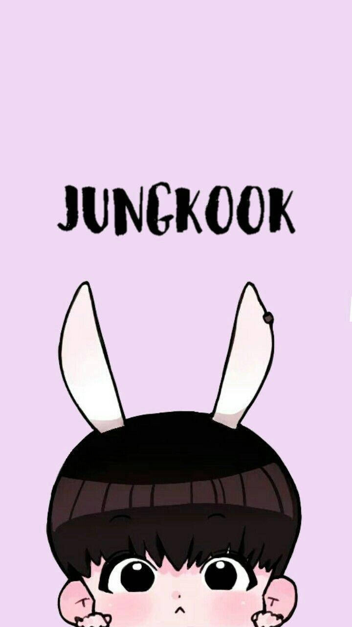 卡通男孩，長著兔耳朵和大眼睛，在薰衣草背景上，有文字Jungkook — BTS 卡通 GIF 壁紙