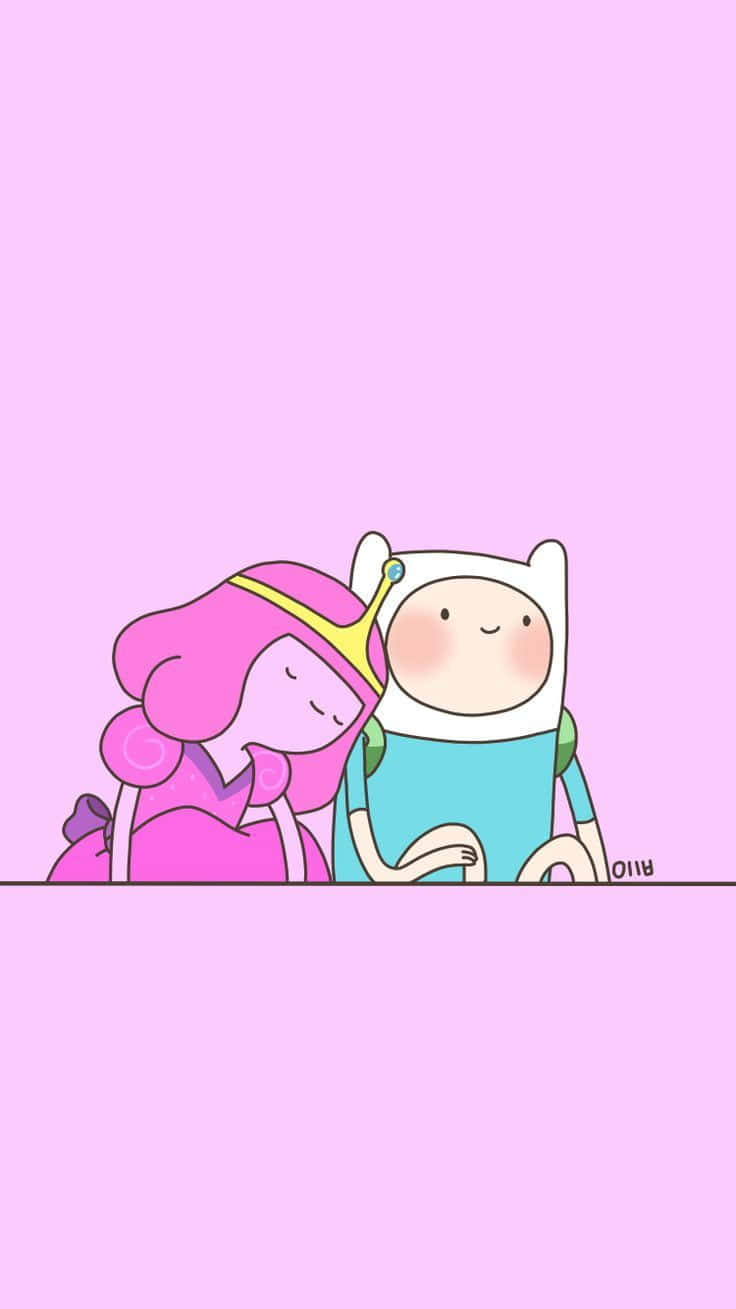 Cute Cartoon Characters 桌布 壁紙 — 一個可愛的卡通男孩和女孩以簡單線條藝術風格一起在柔和的粉紅色背景上休息。