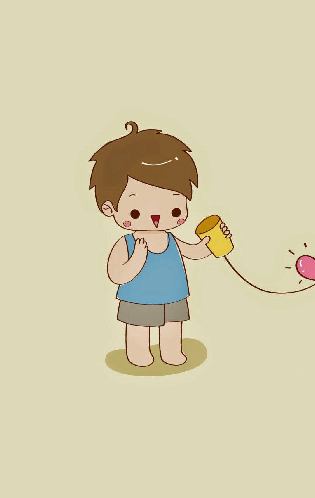 cute couple matching 桌布 壁紙 — 一個可愛的卡通男孩穿著藍色背心，拿著一個黃色杯子，用繩子連接到一個發光的粉紅色心形。