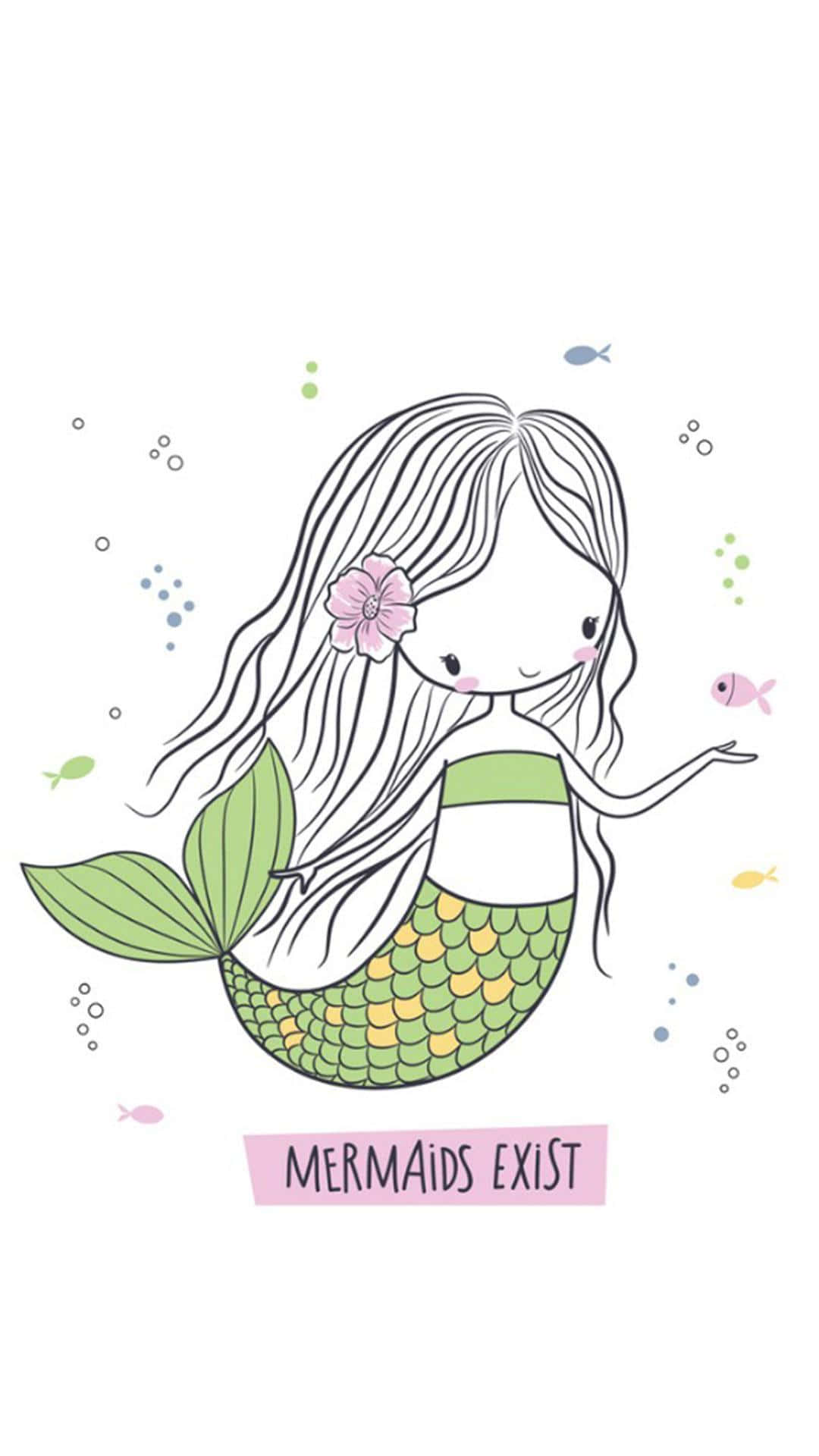 Kawaii Mermaid 桌布 壁紙 — 一個可愛的卡通美人魚，長髮和綠色尾巴，被小魚和氣泡包圍，溫柔地微笑。