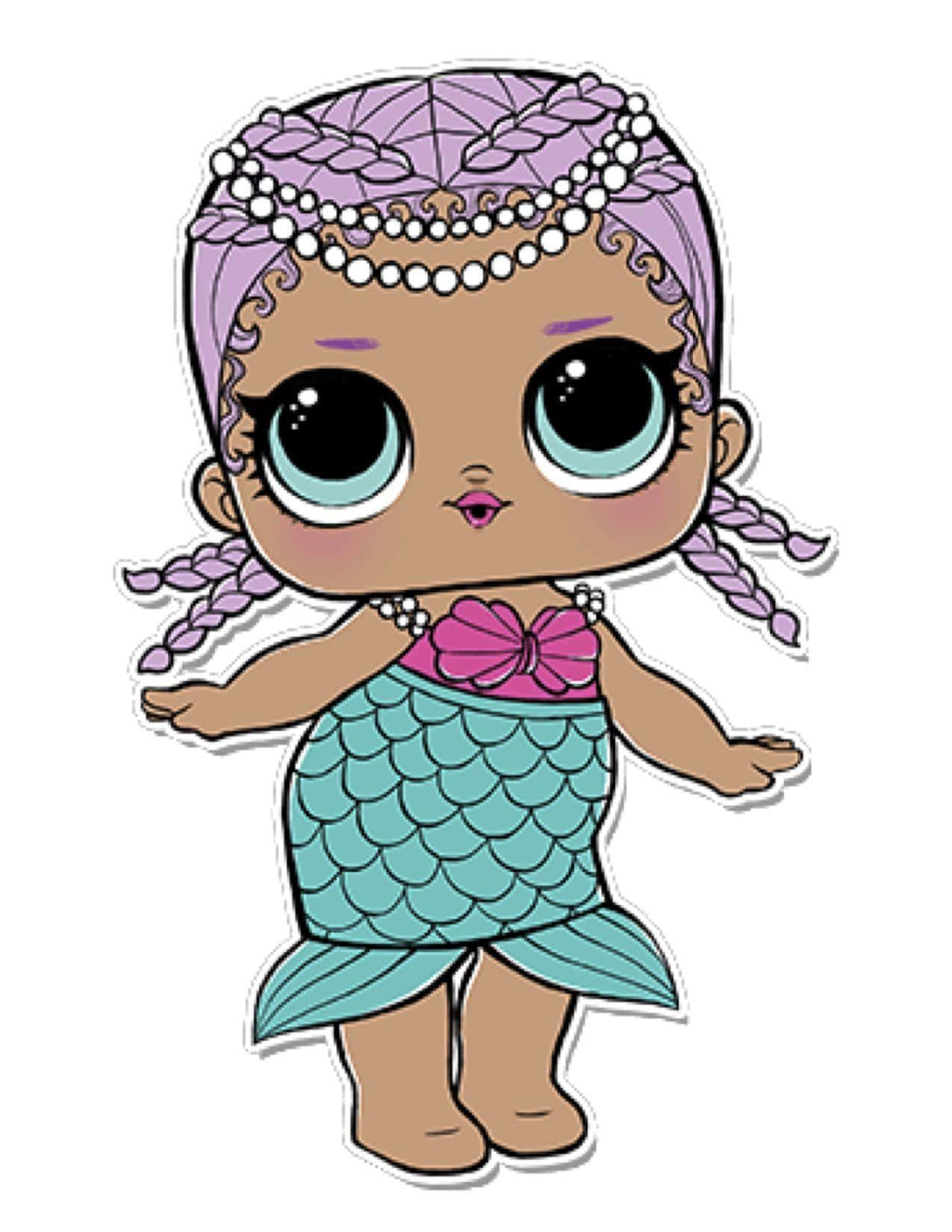 Lol Dolls 桌布 壁紙 — 一個可愛的卡通美人魚公仔，紫色辮子頭髮和藍綠色鱗片尾巴，雙臂張開站立。