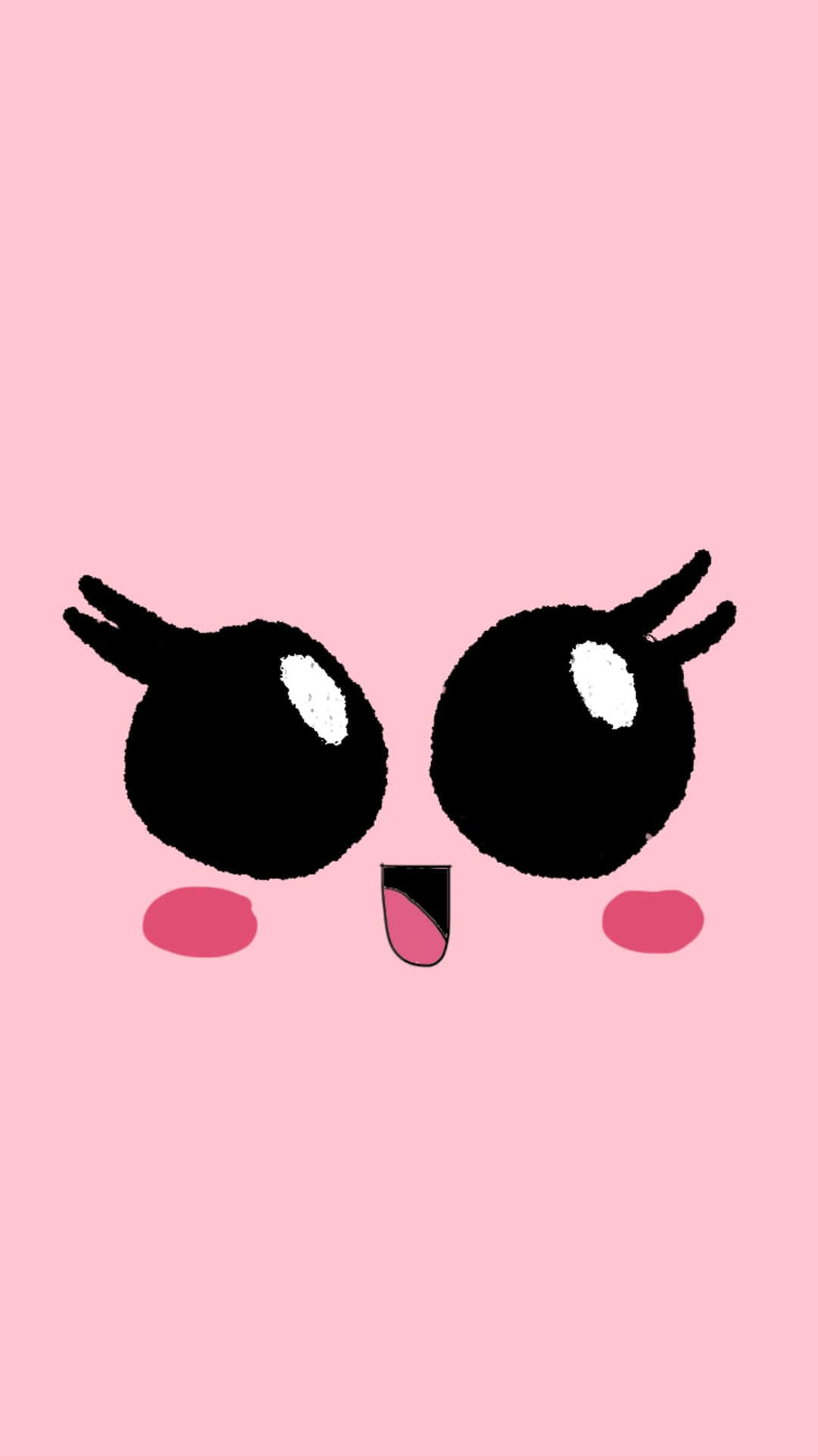 Kawaii Emoticon 桌布 壁紙 — 一個可愛的卡通臉，有著大大的黑色眼睛和伸出的粉紅色舌頭，背景是純粉紅色。