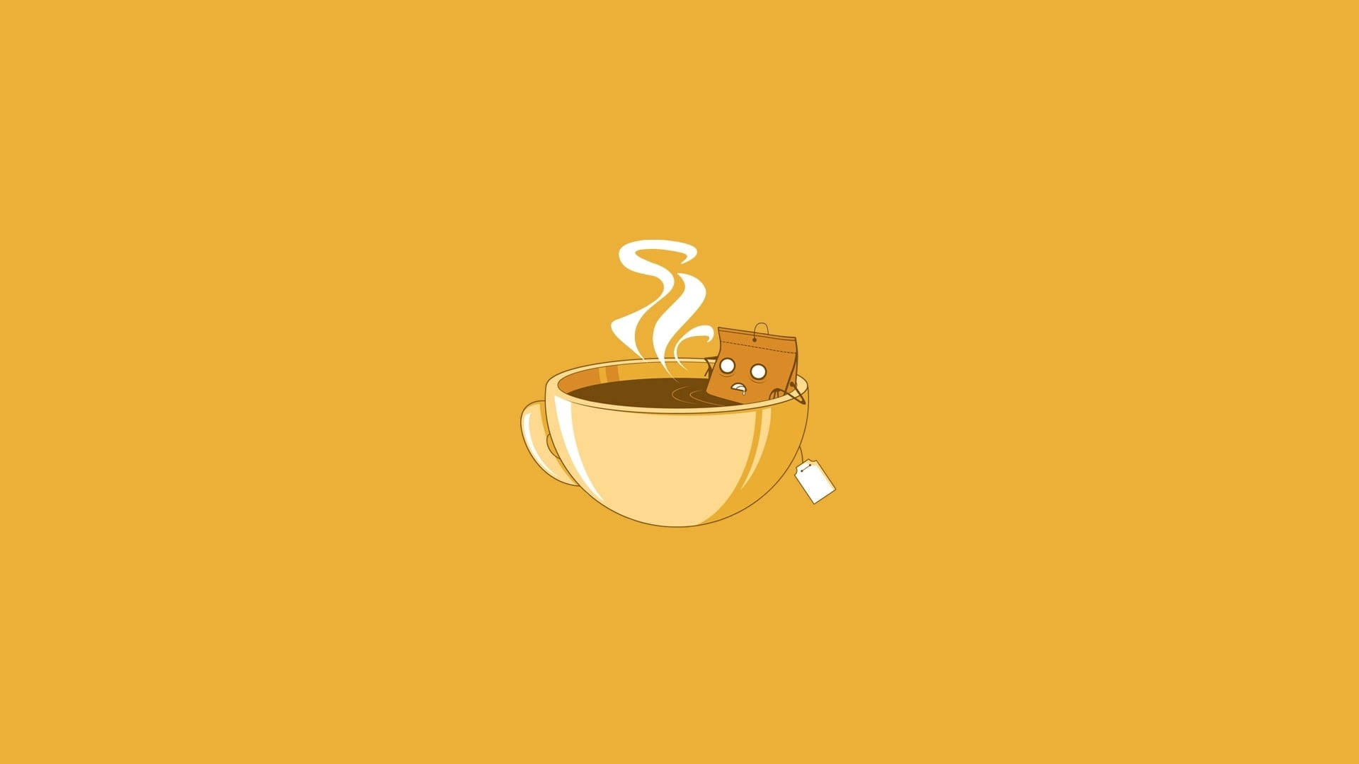 Humor 桌布 壁紙 — 一個可愛的卡通茶包，帶有臉孔，在金色杯子中冒著蒸氣，背景為純芥末黃色。