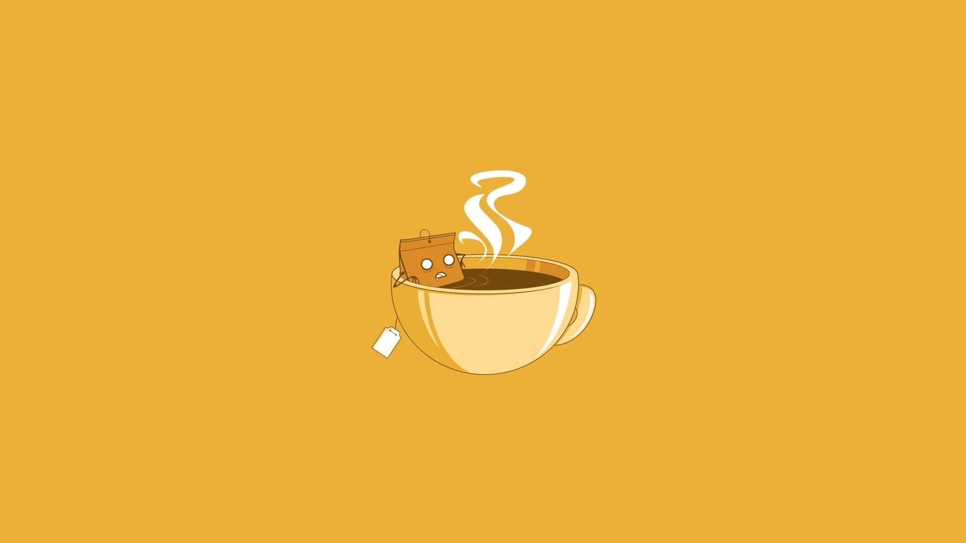Minimalist Coffee 桌布 壁紙 — 一個可愛的卡通茶包，有眼睛和皺眉的臉，在一個米色杯子裡冒著蒸氣，背景是純橙色。