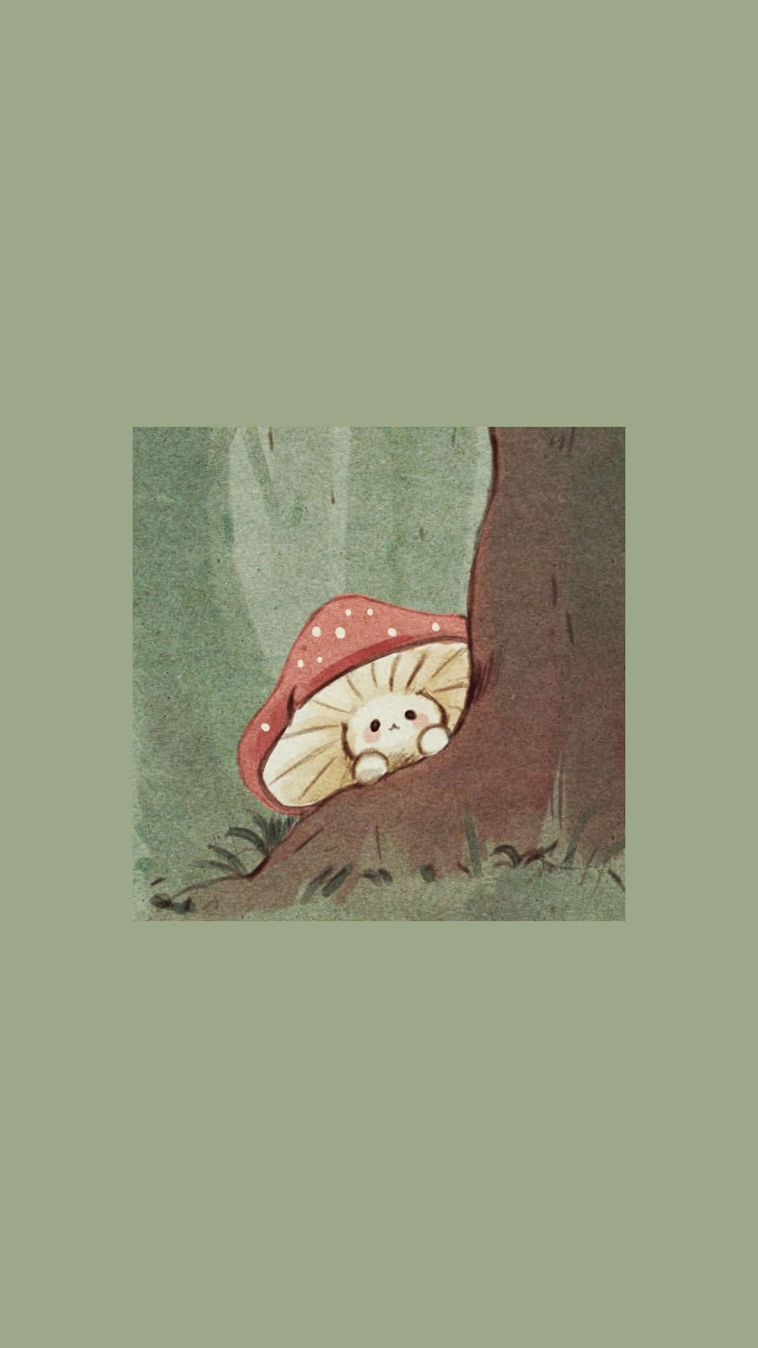 Kawaii Mushroom 桌布 壁紙 — 一個可愛的卡通蘑菇，戴著紅色帽子，在柔和的森林場景中從樹幹後面探出頭來。