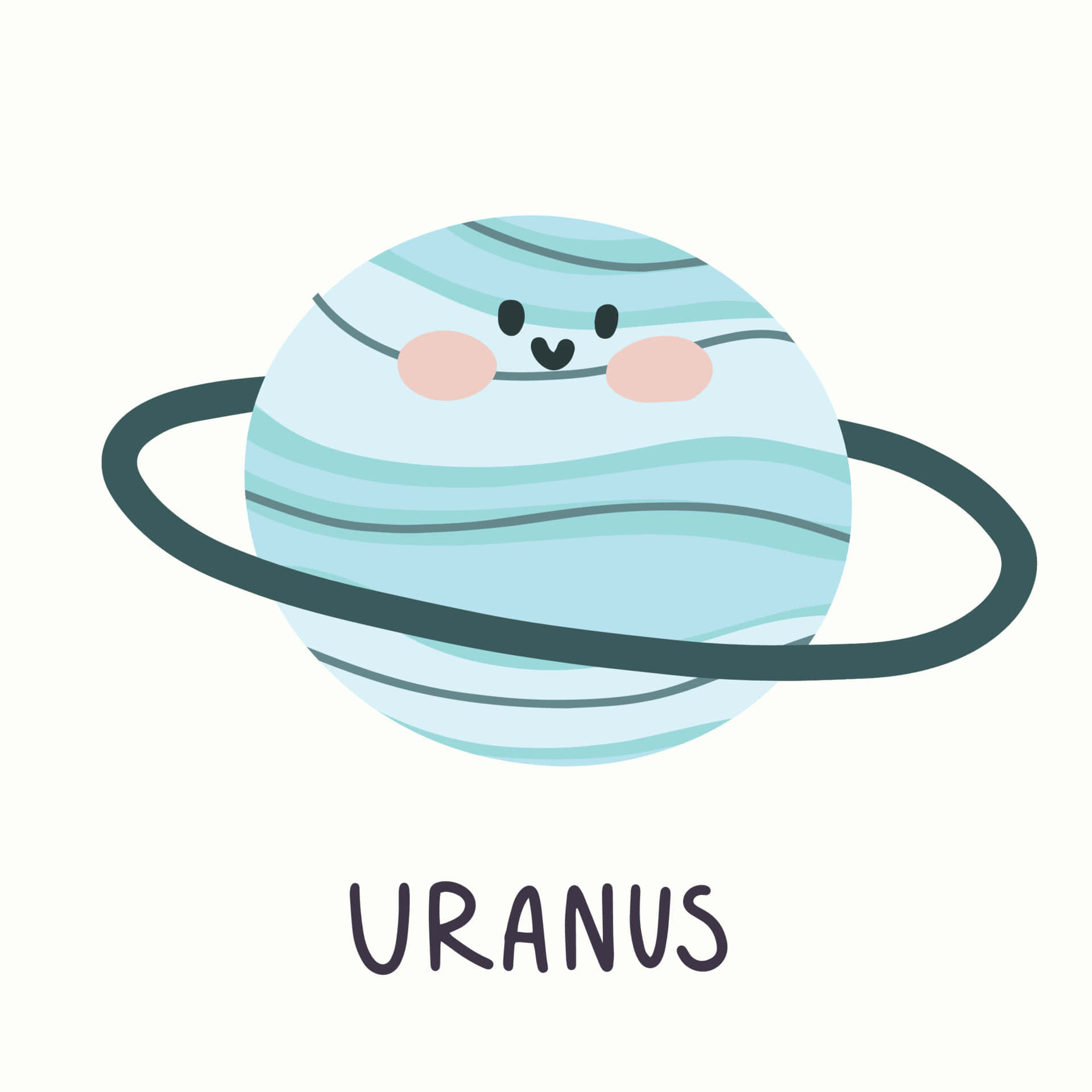 Uranus 桌布 壁紙 — 一個可愛的卡通行星天王星，帶著微笑的臉和一個深色環，背景為淺色。