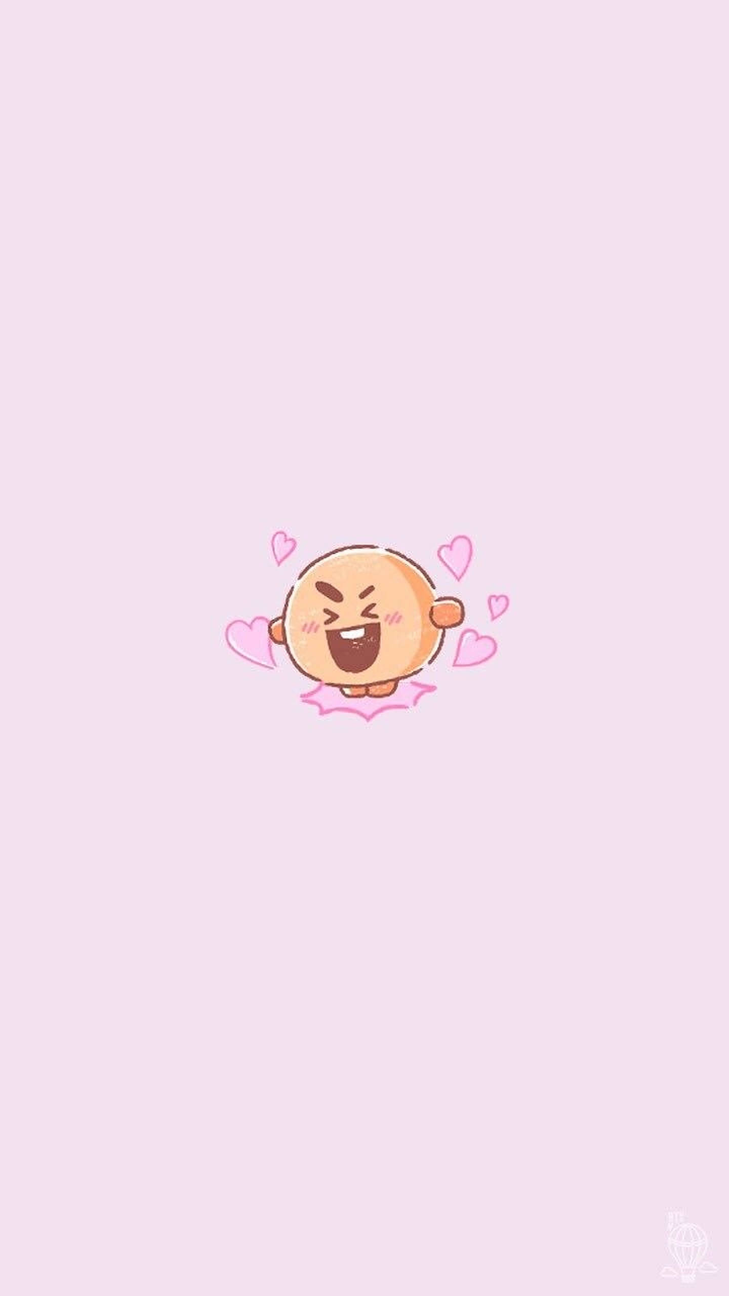 shooky bt21 桌布 壁紙 — 一個可愛的卡通角色，帶著喜悅的表情，被粉紅色的心形包圍在柔和的薰衣草背景上。