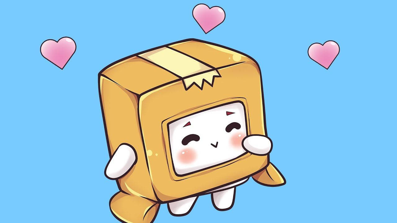 Lankybox 桌布 壁紙 — 一個可愛的卡通角色，形狀像一個紙箱，有微笑的臉和粉紅色的心形在藍色背景上漂浮。