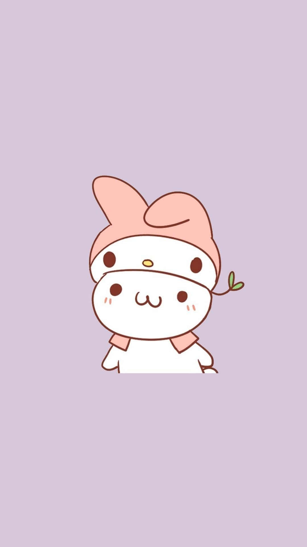 Kawaii Dog 桌布 壁紙 — 一個可愛的卡通角色，戴著粉紅色兔子帽，耳朵露出一片葉子，站在柔和的薰衣草背景前。