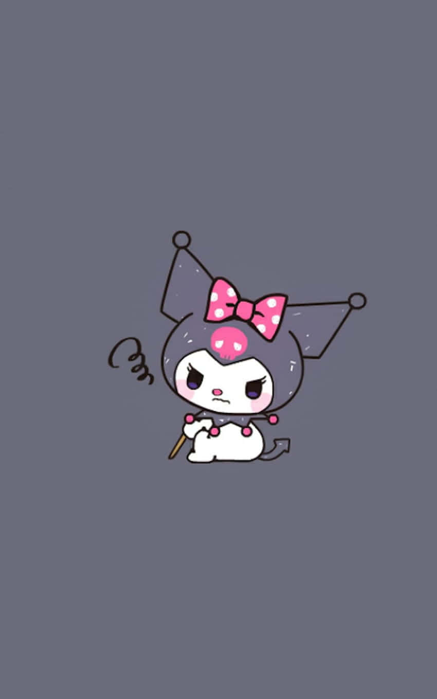 Hello Kitty And Friends 桌布 壁紙 — 一個可愛的卡通角色，戴著粉紅色蝴蝶結，表情憤怒，坐在純灰色背景前。