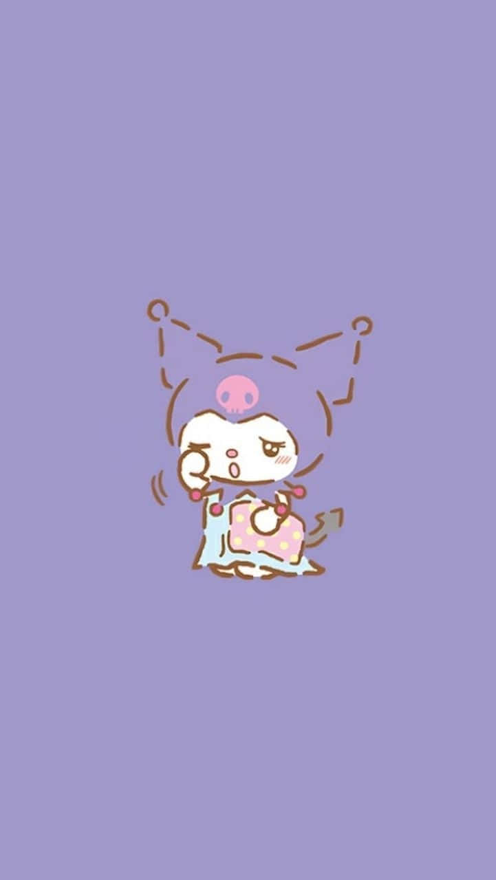 sanrio 桌布 壁紙 — 一個可愛的卡通角色，戴著粉紅色骷髏頭帶和圓點連衣裙，坐在純色薰衣草背景前。