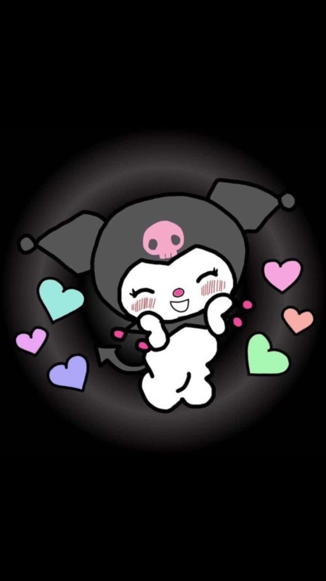 Kuromi Kawaii 桌布 壁紙 — 一個可愛的卡通角色，戴著骷髏帽，心形在黑暗的圓形聚光燈中漂浮。