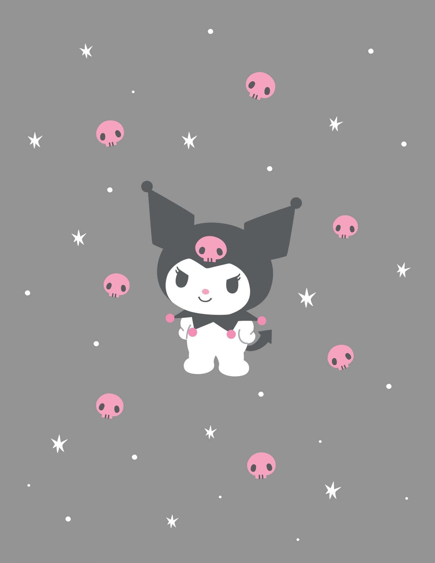 sanrio 桌布 壁紙 — 一個可愛的卡通角色，戴著黑色巫師帽和粉紅色骷髏裝飾，在灰色背景上的白色星星之間漂浮。