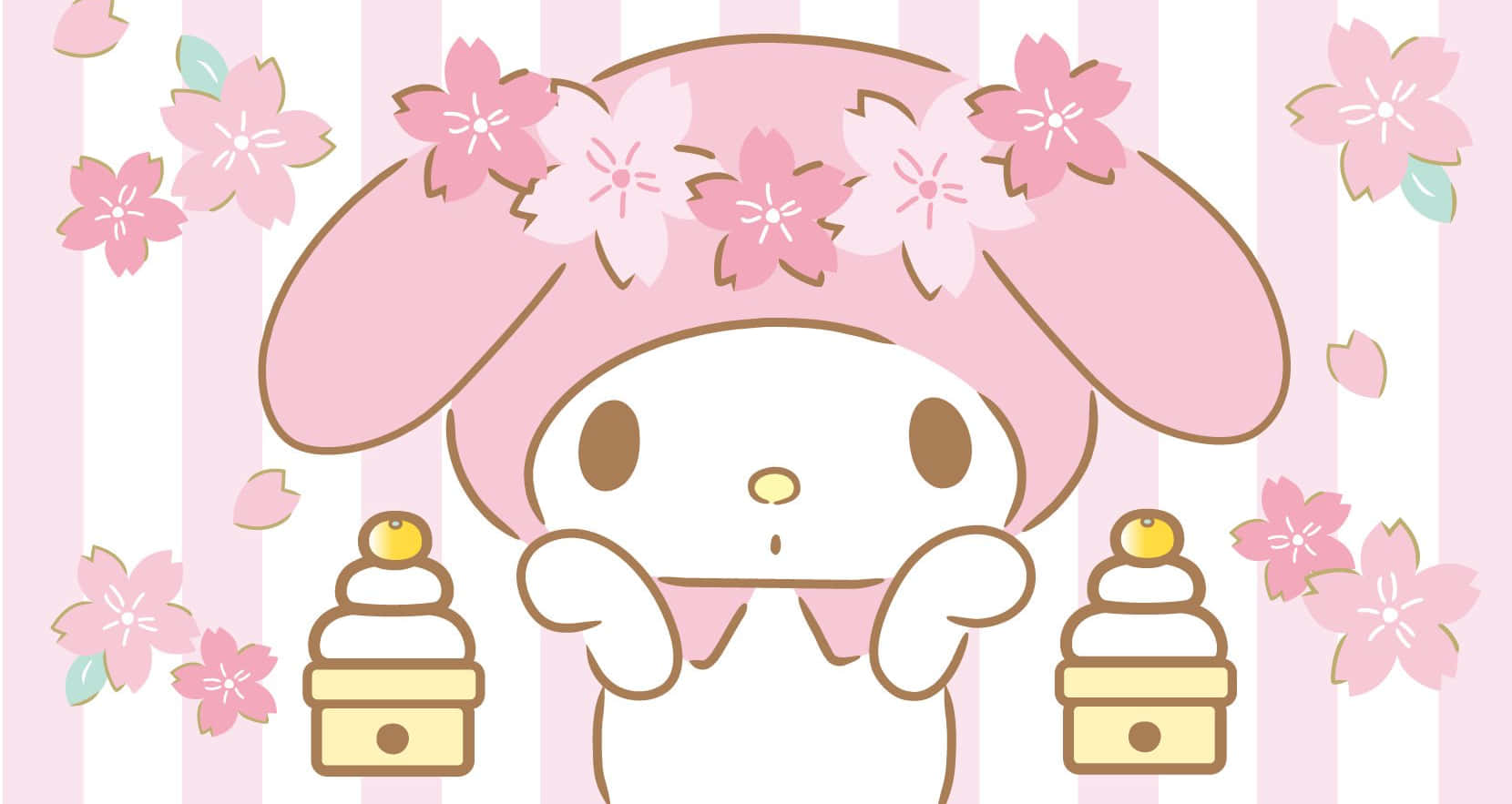sanrio 桌布 壁紙 — 一個可愛的卡通角色，擁有兔耳朵，上面裝飾著粉紅色的櫻花，在粉白條紋背景前拿著兩個糕點。