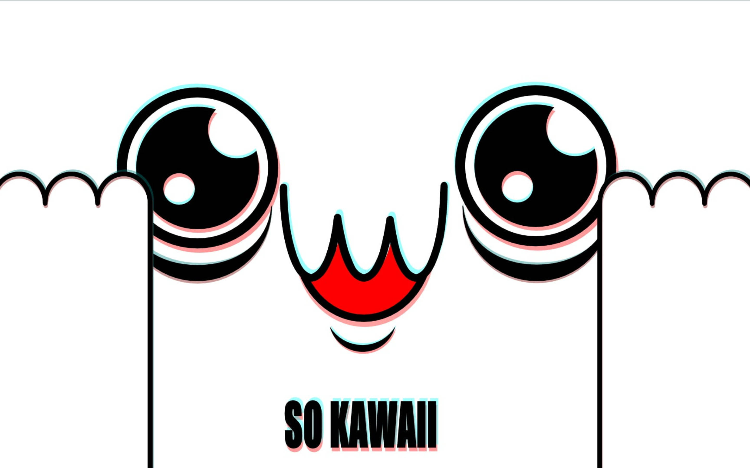 Kawaii iPhone 桌布 壁紙 — 一個可愛的卡通角色，擁有大眼睛和紅色微笑，從白色邊緣上方探出頭來，下方有「SO KAWAII」文字。