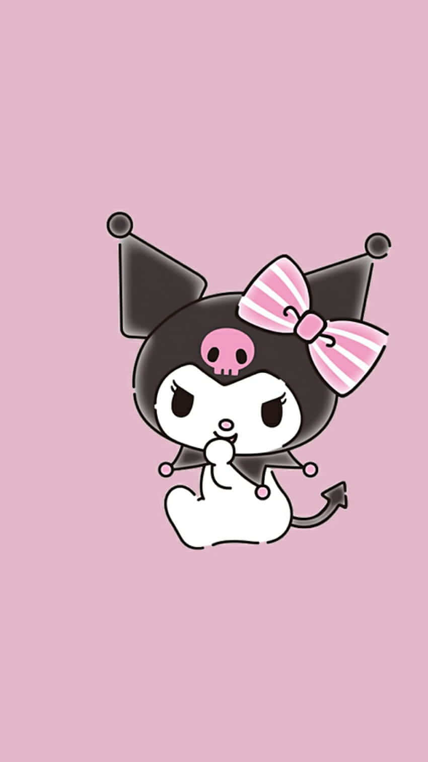 Hello Kitty And Friends 桌布 壁紙 — 一個可愛的卡通角色，有黑色耳朵、粉紅色骷髏鼻子和粉紅色條紋蝴蝶結，坐在純粉紅色背景前。