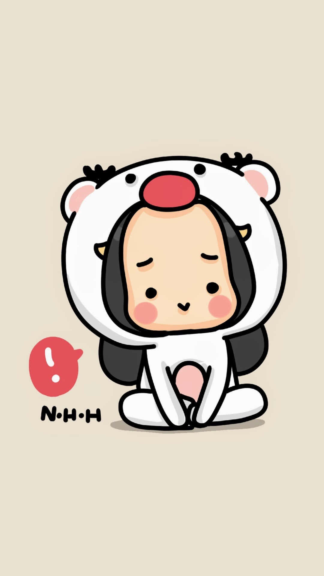 Cute Kawaii 桌布 壁紙 — 一個可愛的卡通角色，穿著白色熊服裝，紅鼻子，盤腿坐在米色背景前。
