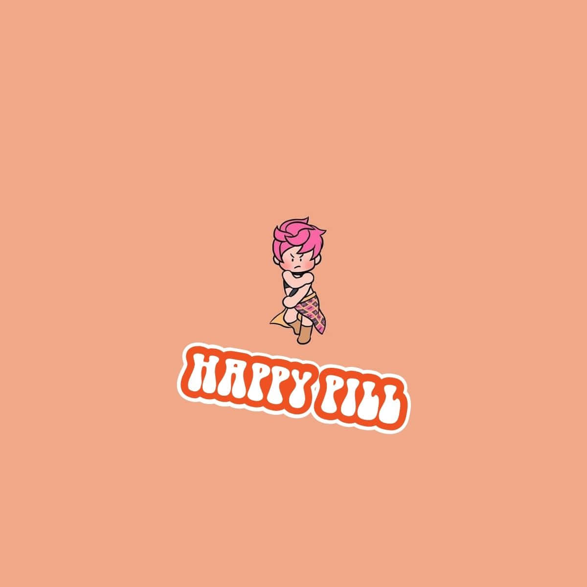 Trish Una 桌布 壁紙 — 一個可愛的卡通角色，粉紅色頭髮，站在純桃色背景上，上方有粗體橙色 'HAPPY PILL' 文字。