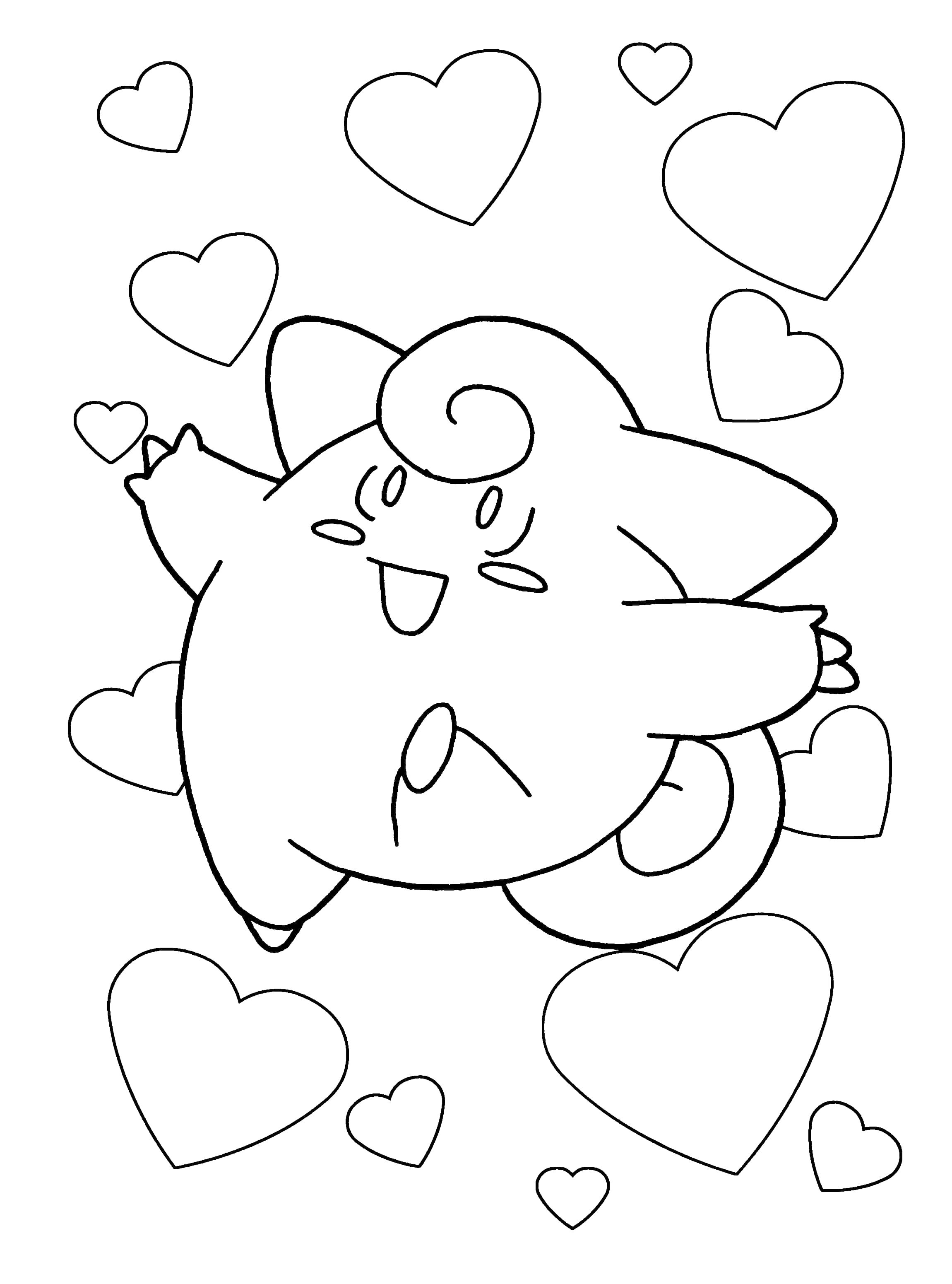 Pokemon Coloring 桌布 壁紙 — 一個可愛的卡通角色，被漂浮的心形環繞，採用簡單的線條藝術風格。