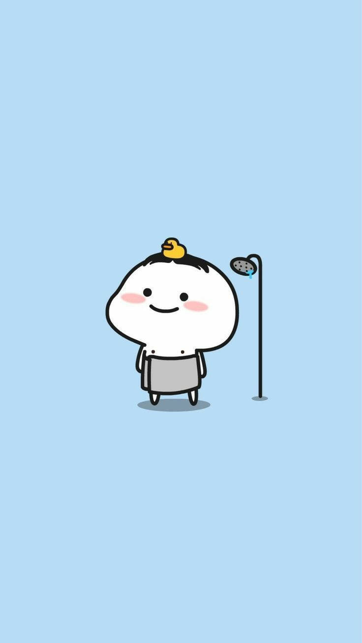 pentol 桌布 壁紙 — 一個可愛的卡通角色，頭上有一隻鴨子，站在淋浴下，水滴落下。