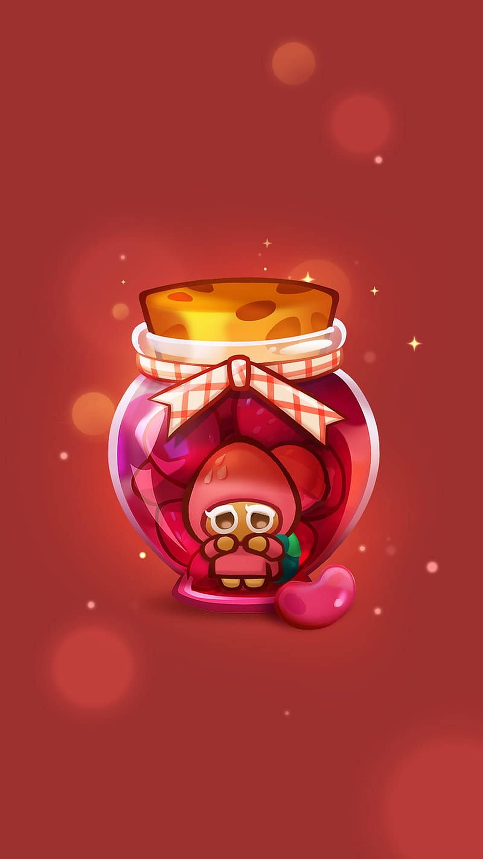 Cookie Run 桌布 壁紙 — 一個可愛的卡通角色在一個裝滿粉紅色糖果心形糖果的玻璃罐中，背景是發光的紅色。