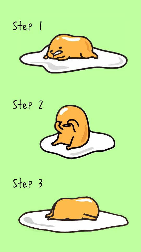 Gudetama Aesthetic 桌布 壁紙 — 一個可愛的卡通角色在淺綠色背景的煎蛋上演示起床的三個步驟。