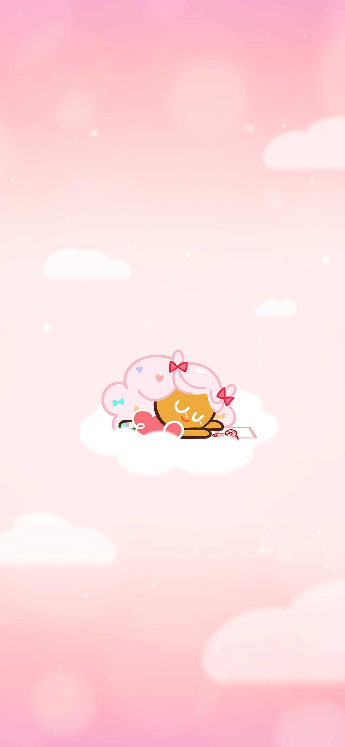 Cookie Run 桌布 壁紙 — 一個可愛的卡通角色在蓬鬆的雲朵上安詳地睡著，背景是帶有漂浮心形的柔和粉紅色天空。