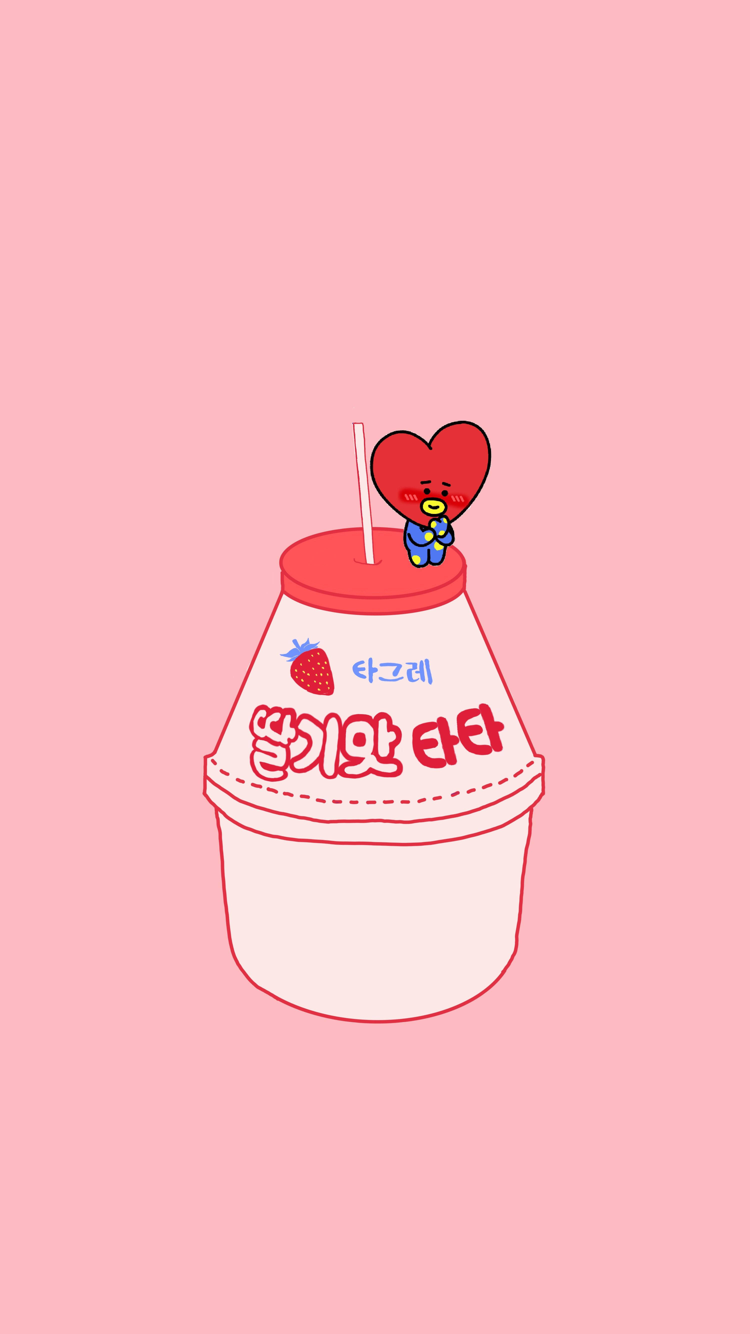塔塔 BT21 桌布 壁紙 — 一個可愛的卡通角色帶著一顆心，坐在草莓牛奶瓶上，背景是柔和的粉紅色。