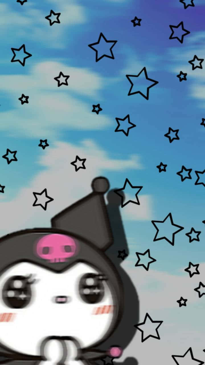 sanrio 桌布 壁紙 — 一個可愛的卡通角色戴著粉紅色骷髏帽，仰望滿是黑色輪廓星星的天空。
