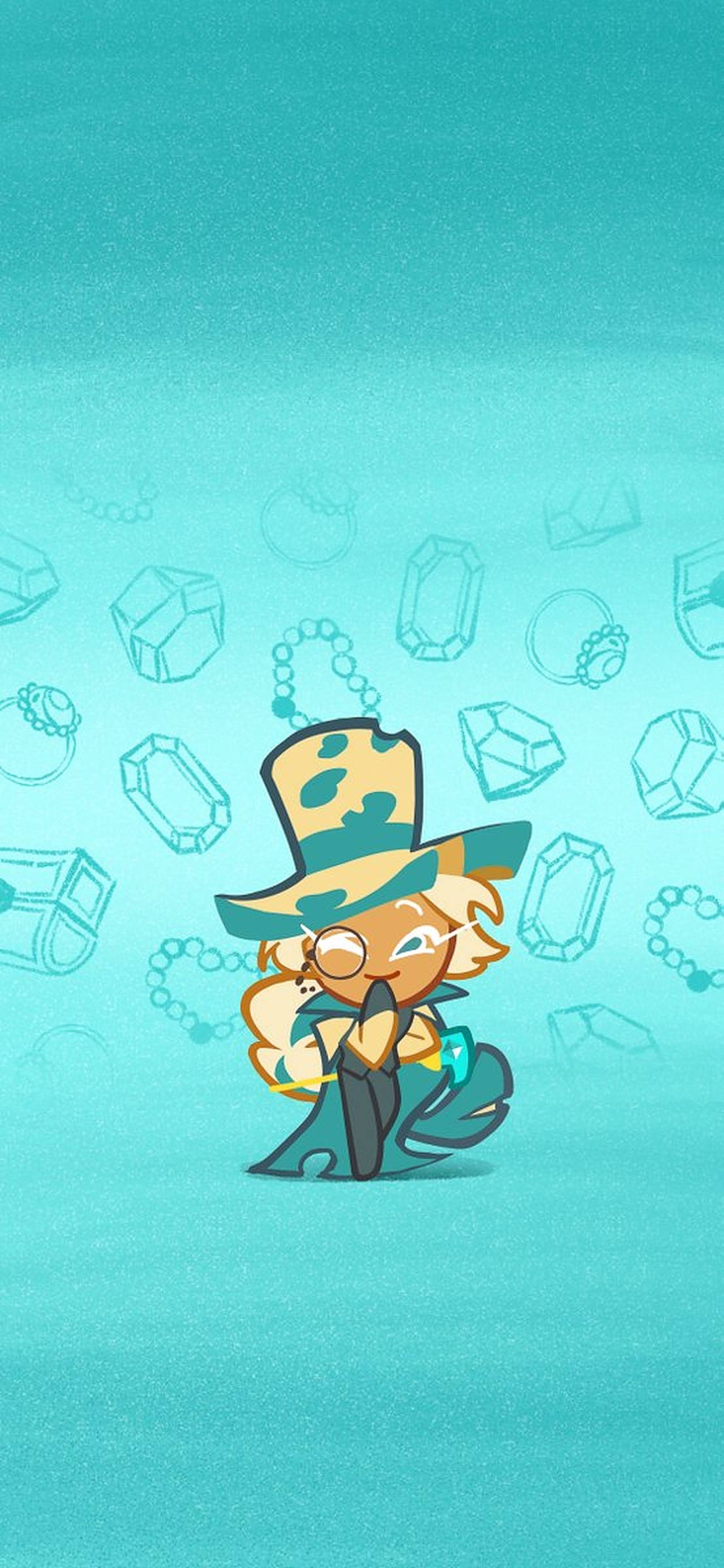 Cookie Run 桌布 壁紙 — 一個可愛的卡通角色戴著青綠色和金色的帽子，坐在漸變青綠色背景上，周圍環繞著漂浮的珠寶草圖。