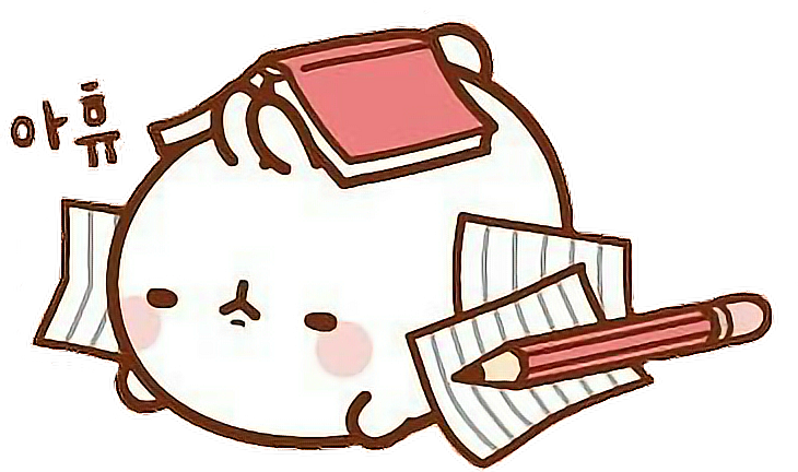 Molang 桌布 壁紙 — 一個可愛的卡通角色被埋在書本和鉛筆下，看起來因學習而疲憊不堪。