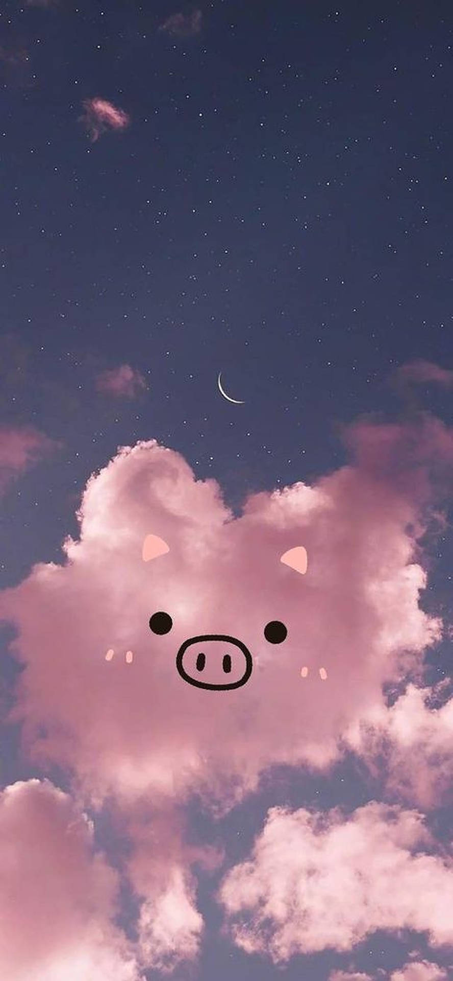 一個微笑的豬臉畫在星空夜空中的粉紅色雲朵上。 — 可愛豬豬 GIF 壁紙
