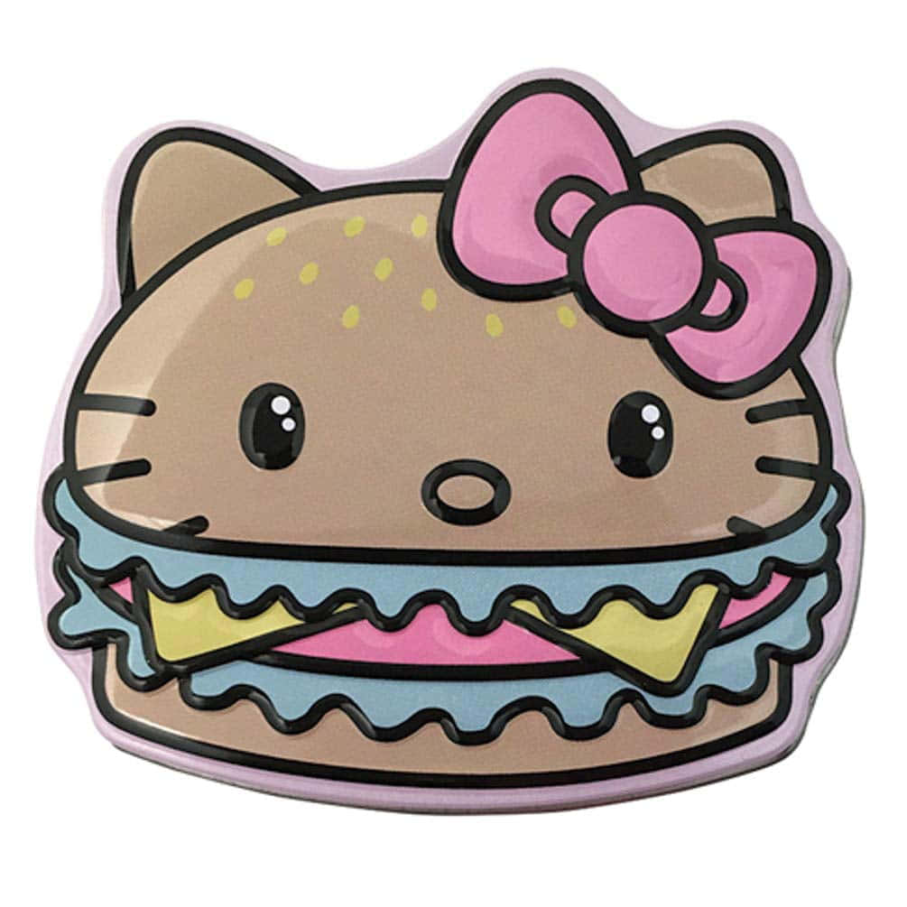 Kawaii Hello Kitty 桌布 壁紙 — 一個可愛的卡通貓臉，形狀像漢堡，頂部有粉紅色蝴蝶結和色彩繽紛的層次。