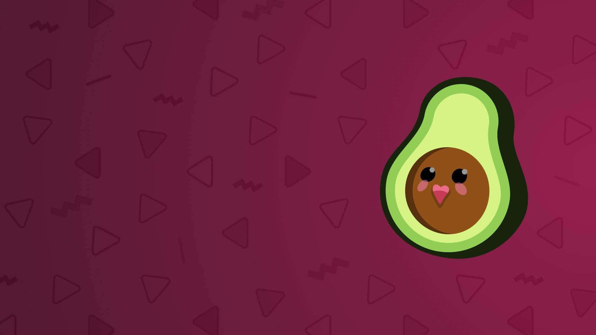 Cute Avocado 桌布 壁紙 — 一個可愛的卡通酪梨，面帶微笑，粉紅色的臉頰，漂浮在帶有微妙三角形圖案的洋紅色背景上。