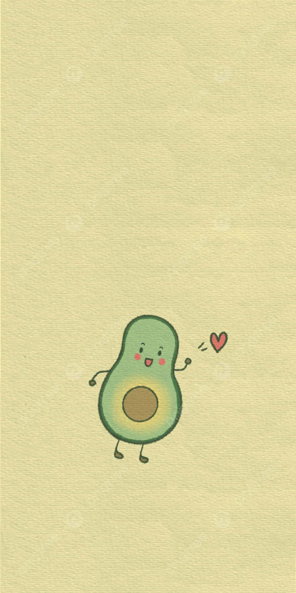 Cute Avocado 桌布 壁紙 — 一個可愛的卡通酪梨，面帶微笑，臉頰泛紅，在紋理淺黃色背景上揮舞著一個小心形。