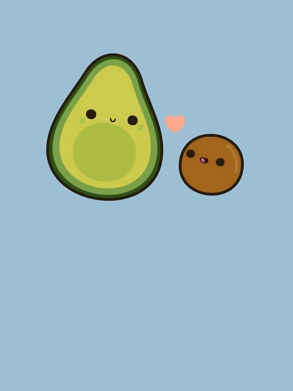 Avocado 桌布 壁紙 — 一個可愛的卡通酪梨和果核，中間有一個粉紅色的愛心，背景是淺藍色。