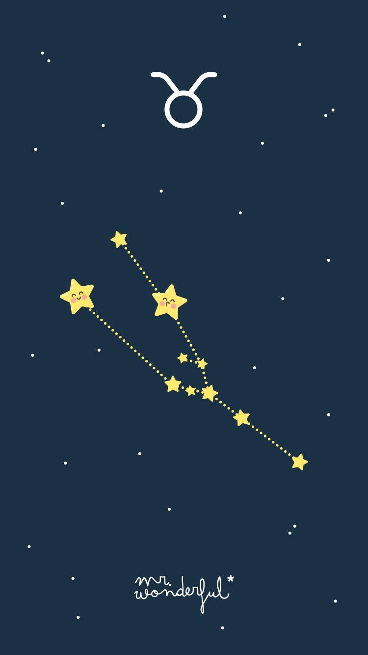 zodiac 桌布 壁紙 — 一個可愛的卡通金牛座星座，有微笑的黃色星星，由虛線連接，背景是深藍色的星空。