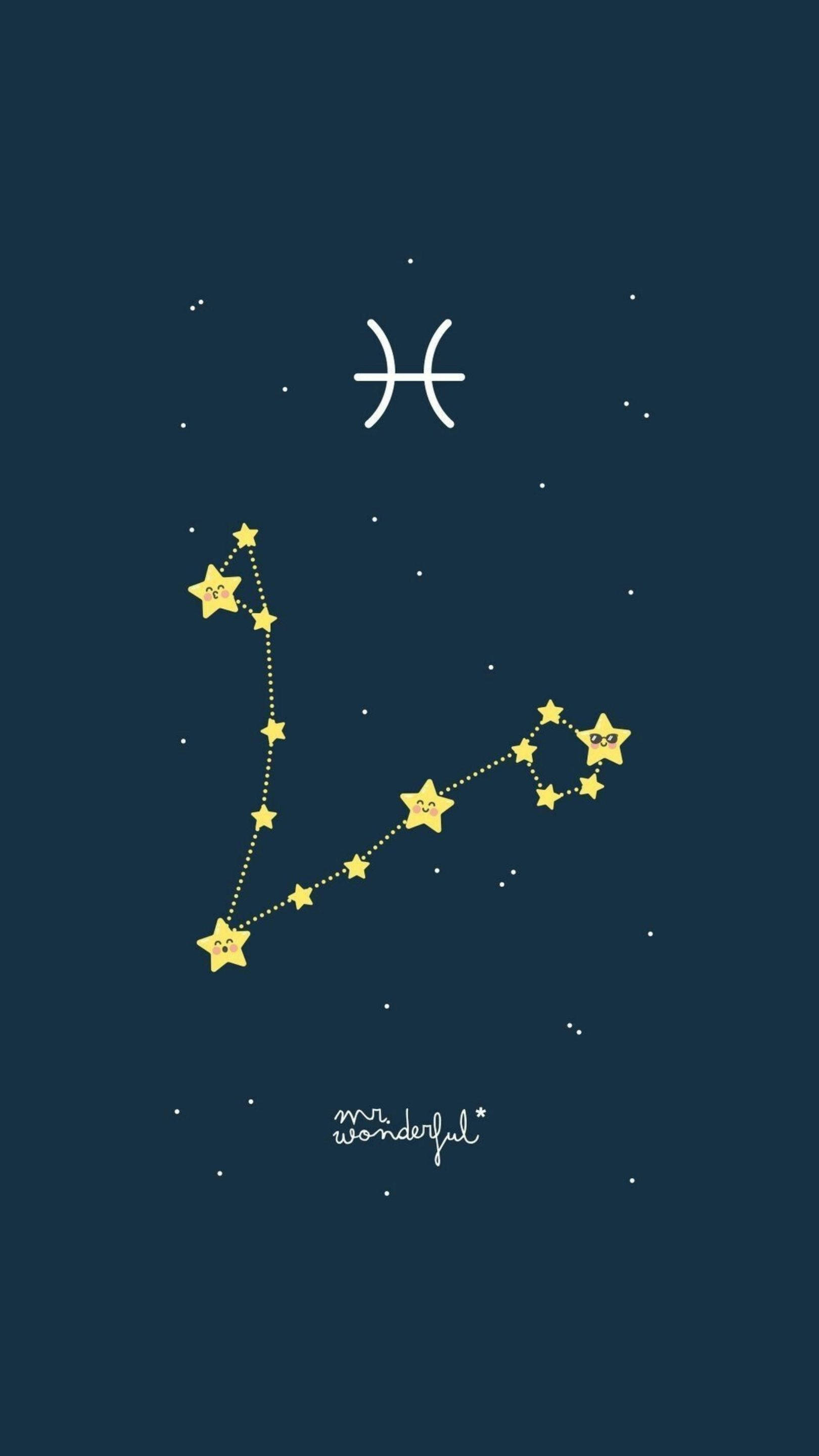 雙魚座 桌布 壁紙 — 一個可愛的卡通雙魚座星座，微笑的黃色星星由虛線連接，背景是深藍色星空。