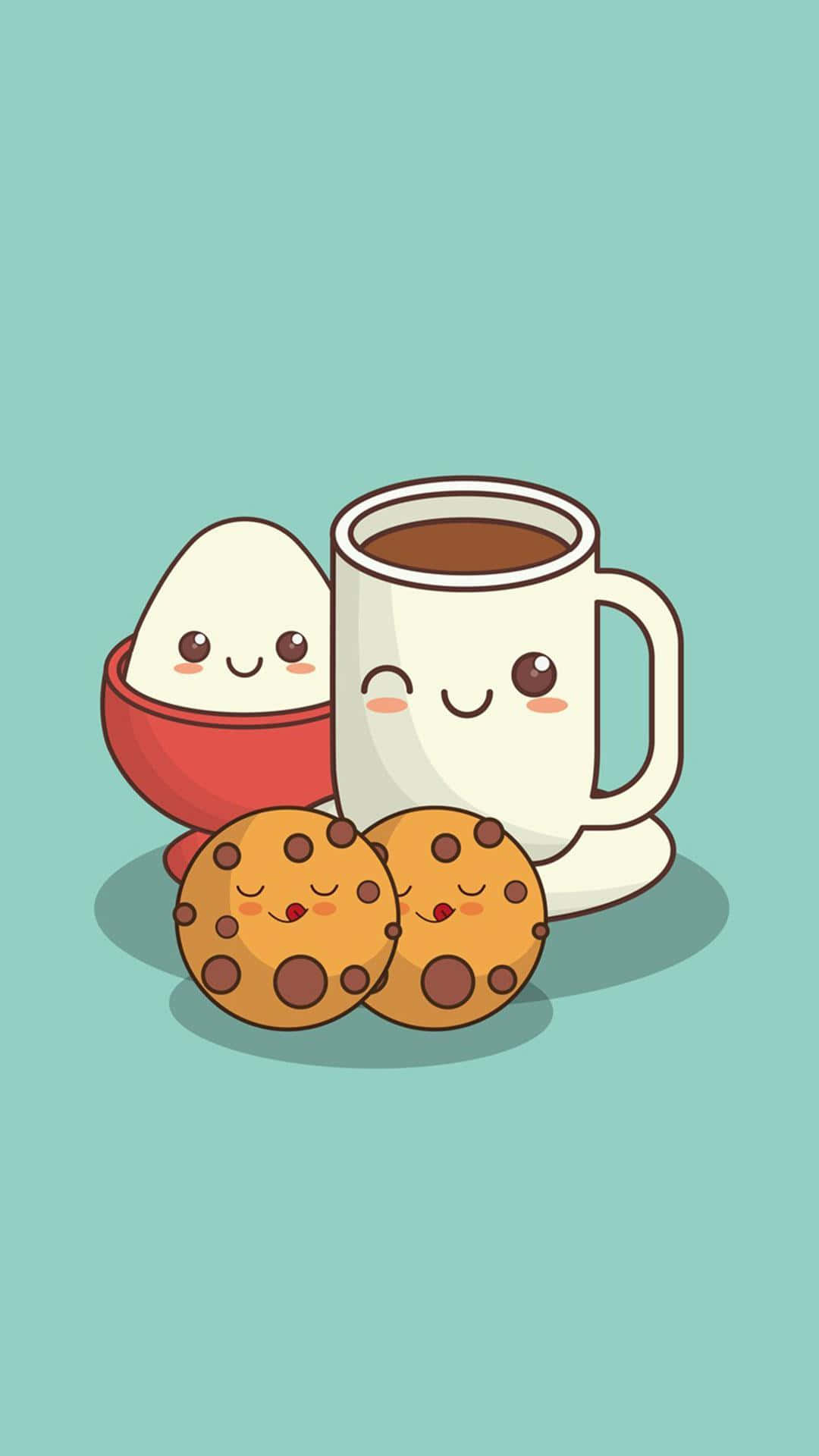 Cute Food 桌布 壁紙 — 一個可愛的卡通雞蛋放在紅色碗裡，旁邊有一個咖啡杯和兩塊巧克力餅乾，全部都有笑臉，背景是青綠色。