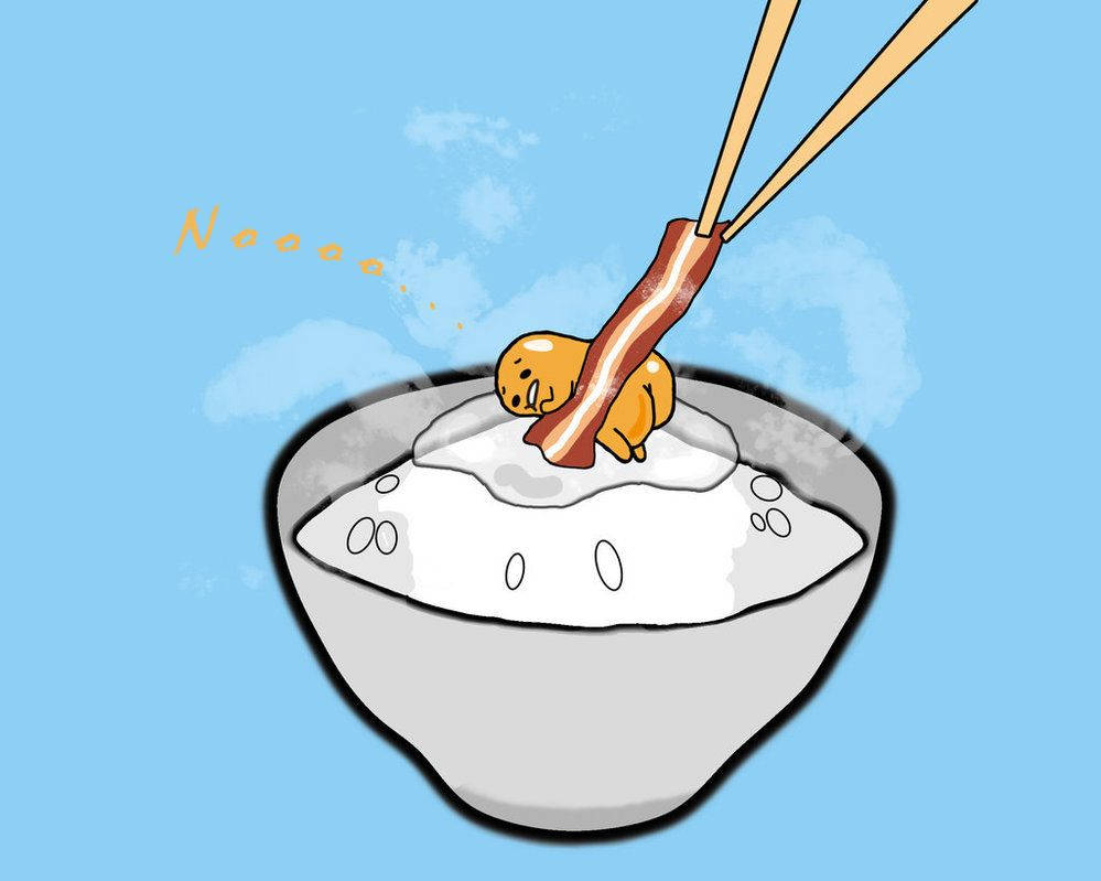蛋黃哥 桌布 壁紙 — 一個可愛的卡通雞蛋角色緊貼著一條用筷子從冒煙的飯碗中夾起的培根條。