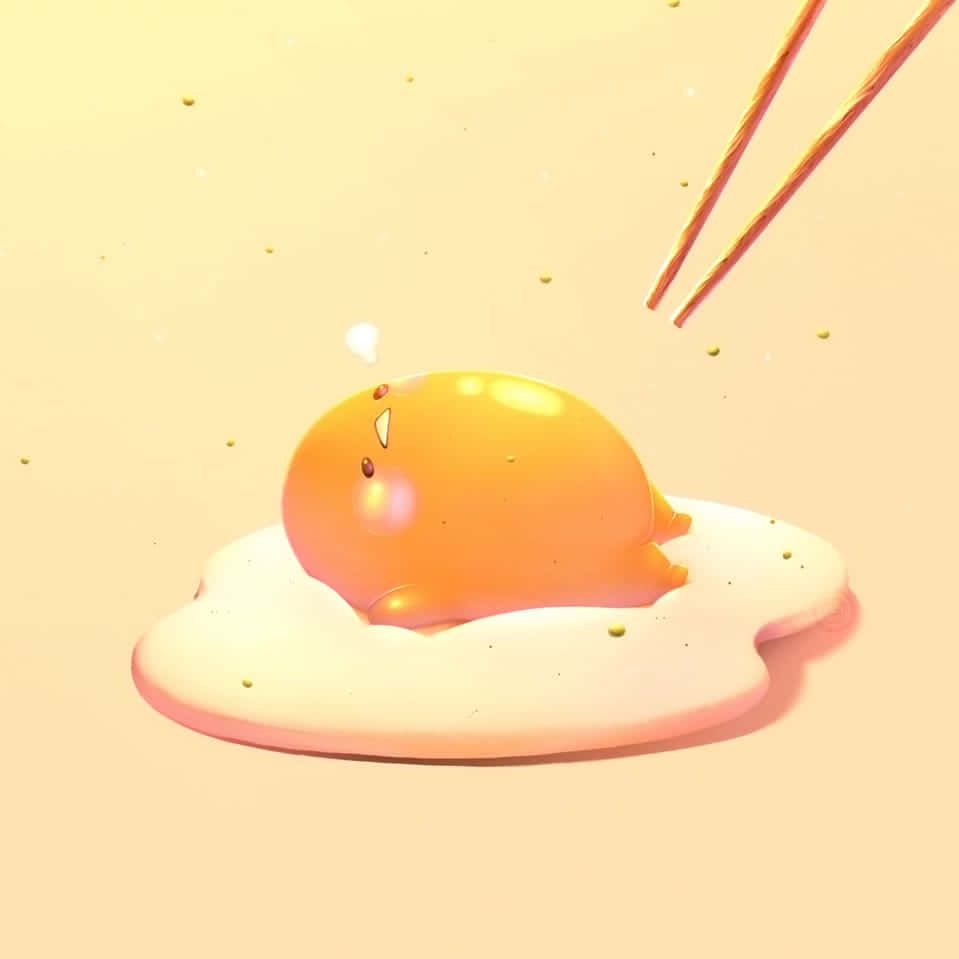 奶油中的可愛卡通雞蛋角色，上方有筷子。 — 蛋黃哥 壁紙