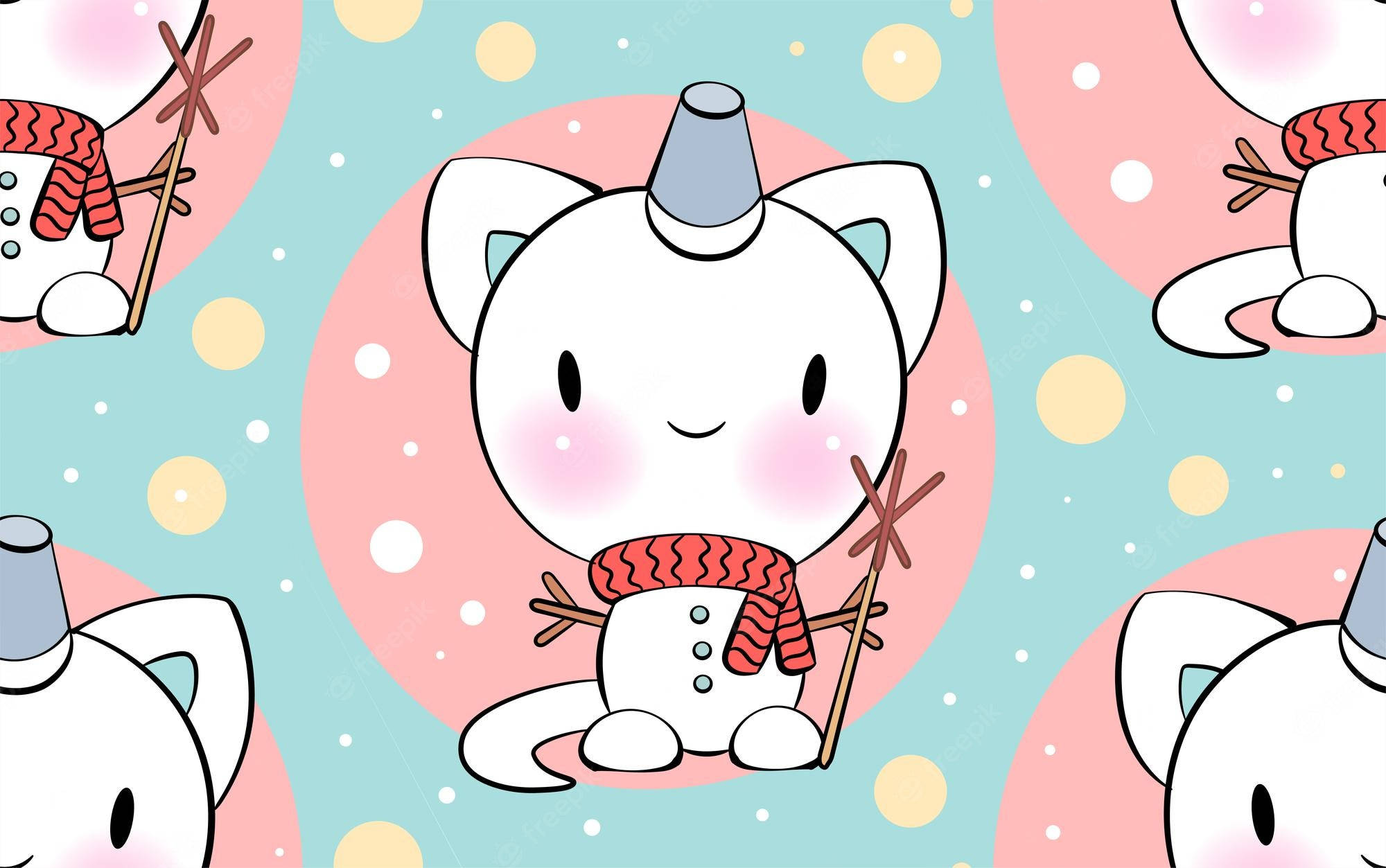 Kawaii Pink Aesthetic Desktop 桌布 壁紙 — 一個可愛的卡通雪人，有貓耳朵和圓錐帽，坐在粉彩圖案背景中微笑。