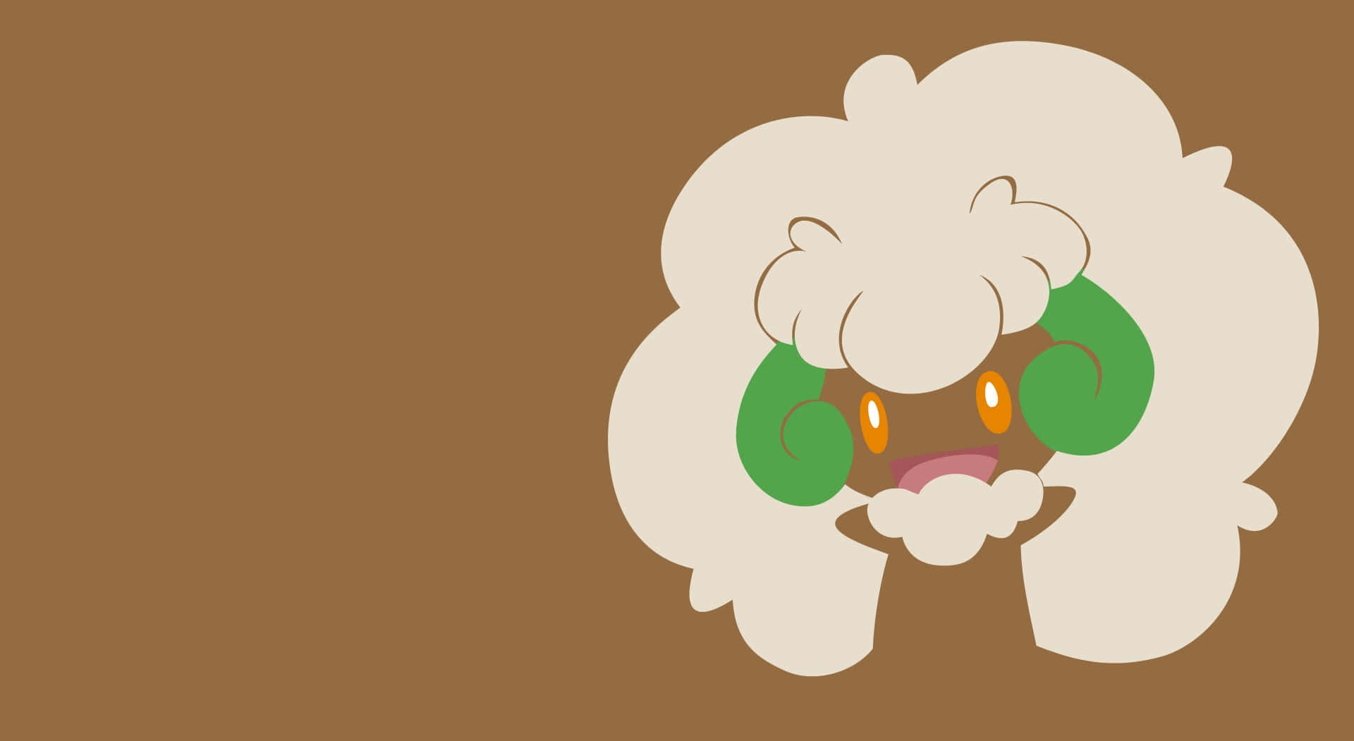 Whimsicott 桌布 壁紙 — 一個可愛的卡通雲朵生物，長著綠色耳朵和橙色眼睛，從棕色背景中探出頭來。