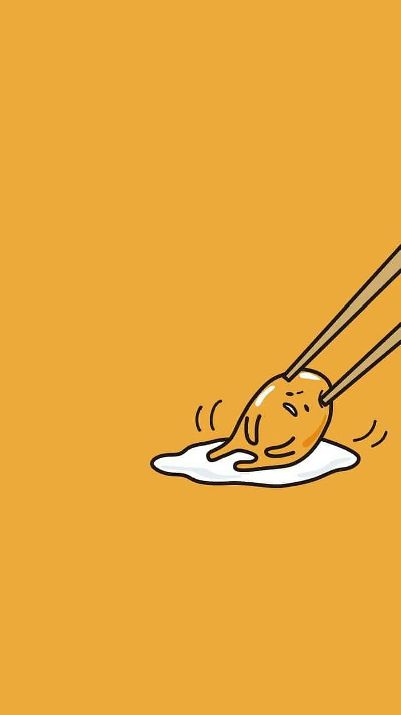Gudetama Phone 桌布 壁紙 — 一個可愛的卡通餃子被筷子夾起，露出驚訝的表情，背景是純橙色。