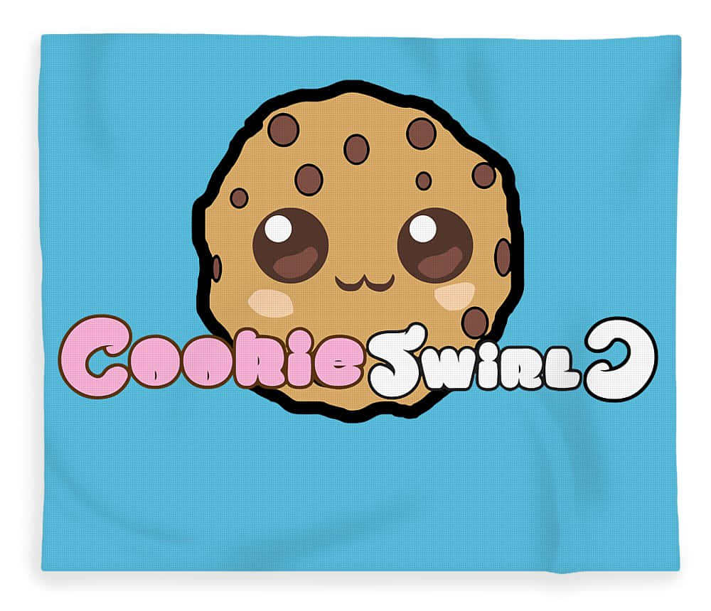 Cookie Swirl C 桌布 壁紙 — 一個可愛的卡通餅乾，有大眼睛和微笑，坐在藍色背景上，帶有「Cookie Swirl」文字。