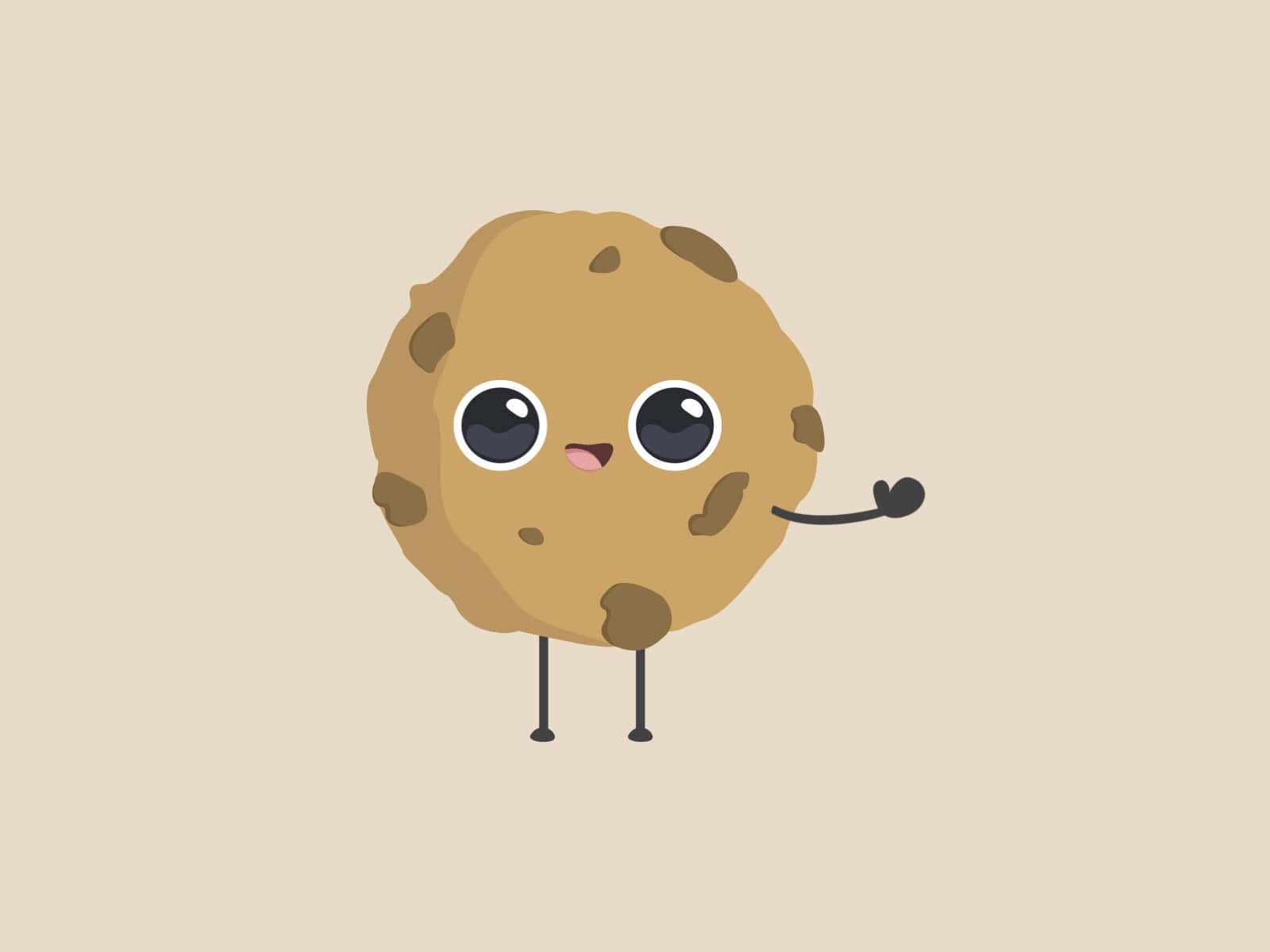 Cute Animations 桌布 壁紙 — 一個可愛的卡通餅乾，有大眼睛和揮動的手臂，站在米色背景前。