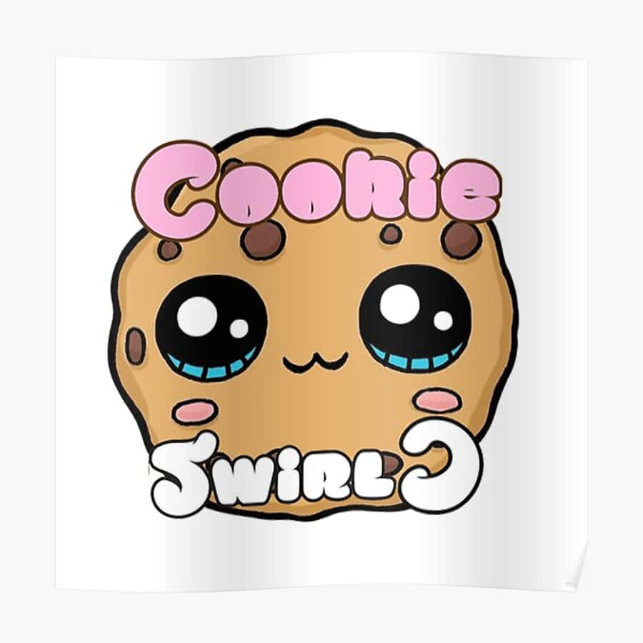 Cookie Swirl C 桌布 壁紙 — 一個可愛的卡通餅乾，有大眼睛和藍色牙齒，在粉紅色「Cookie」和白色「Swirl」文字下微笑。