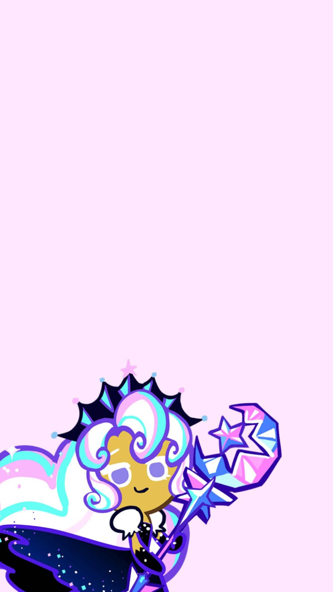 Cookie Run 桌布 壁紙 — 一個可愛的卡通餅乾角色，擁有旋轉的頭髮和星星魔杖，漂浮在柔和的粉紅色背景上。