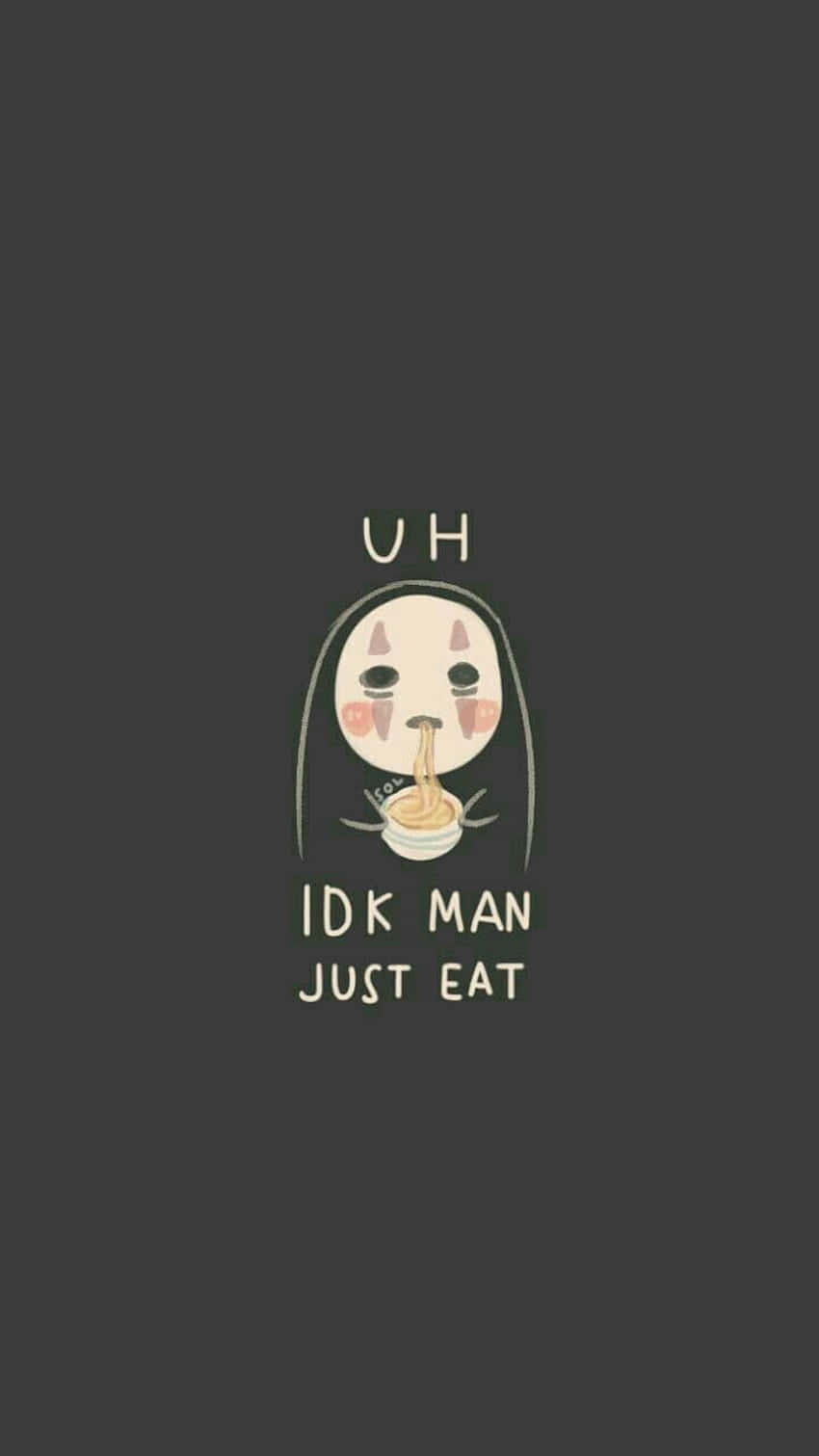 Cute Pfp For TikTok 桌布 壁紙 — 一個可愛的卡通鬼魂，嘴裡含著麵條，背景深色，上面寫著「uh idk man just eat」。