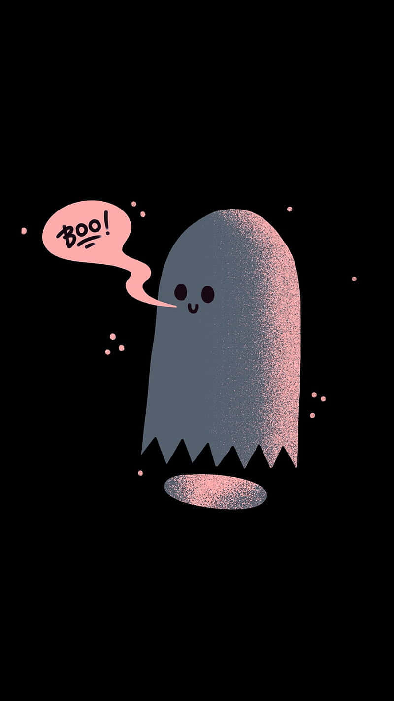 Cute Ghost 桌布 壁紙 — 一個可愛的卡通鬼魂，帶有粉紅色對話框說「boo」，漂浮在帶有閃光質感的黑色背景上。